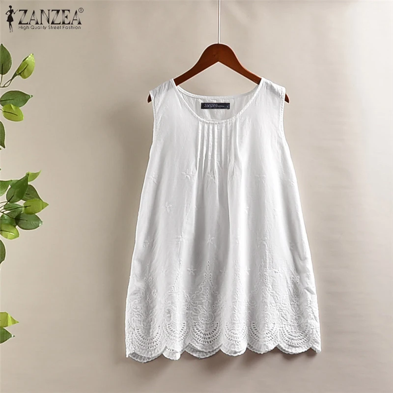 ZANZEA 2023 Lace Tops Women\'s Hollow Bllouse Elegant Casual Summer Tank Tunic Female O Neck Sleeveless Blusas  Chemise