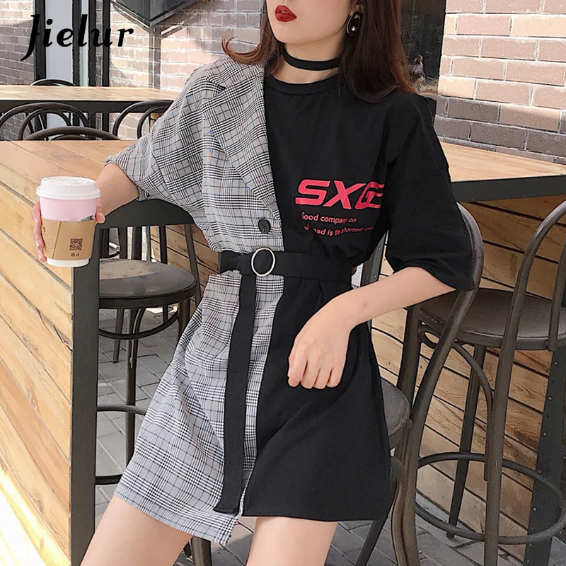 Jielur Patchwork Women Tshirts Fake Two Pieces Sashes Novelty Vintage High Street Tee Female Hit Color Grace Simple Tops Femme