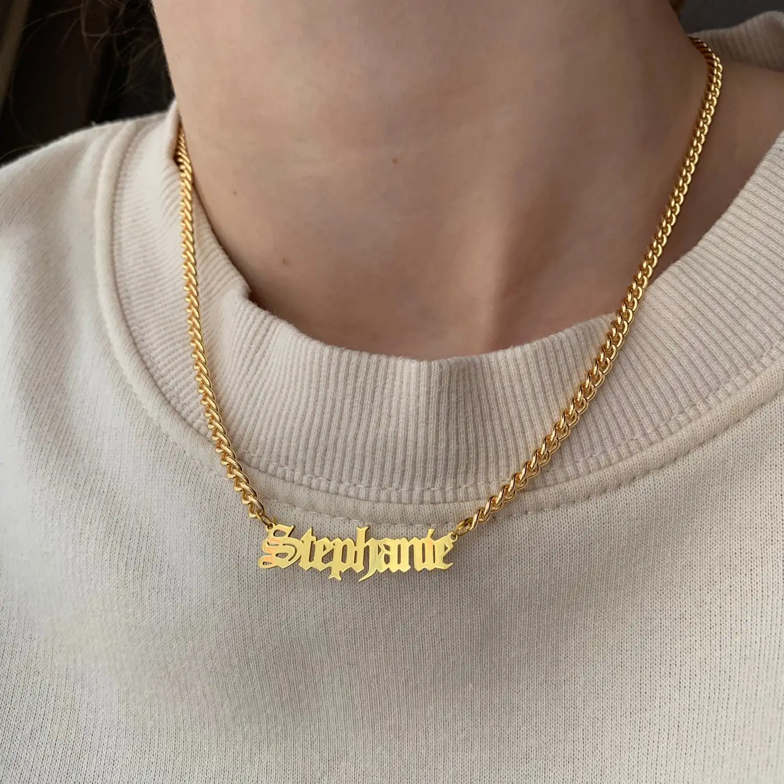 VishowCo Custom Name Necklace Gold Color Stainless Steel Personalized Old English Cuban Chain Nameplate Necklaces For Women Gift