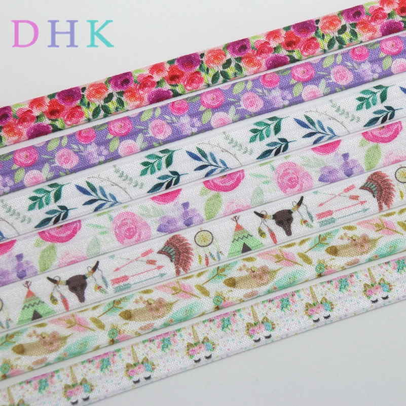 DHK 5/8'' 5yards tribal floral leaf unicorn printed Fold Elastic FOE stretch ribbon hairbow headwear headband DIY OEM E1632