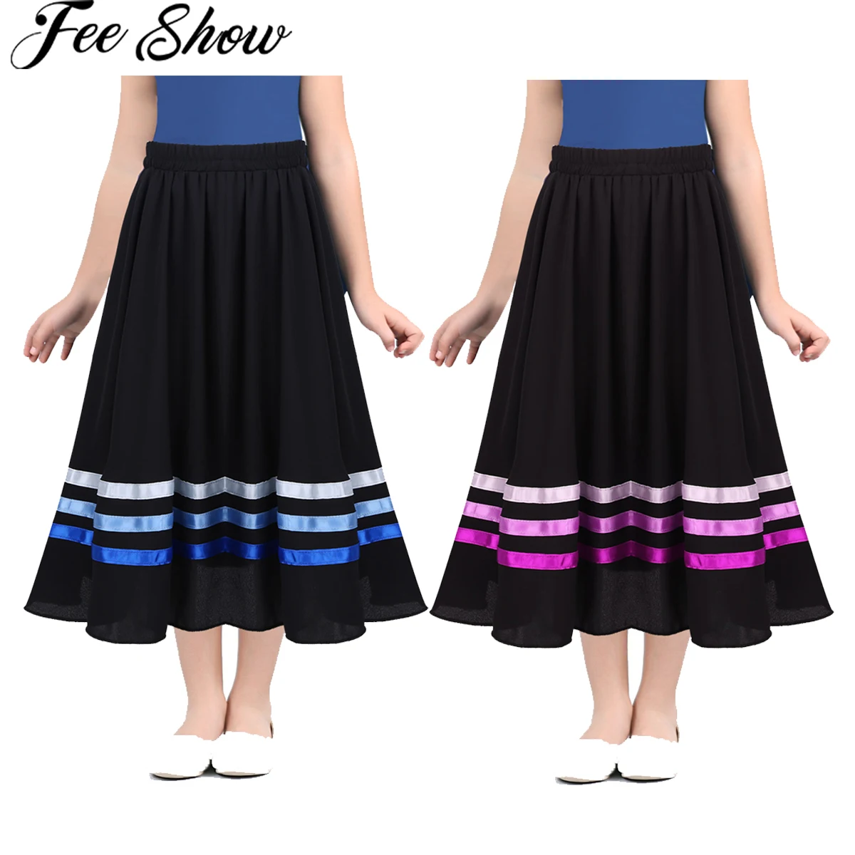 Kids Girls Ballet Dance Skirts Chiffon High Waist Long Maxi Full Circle Skirt Children Girl Ballet Character Ribbon Style Skirt