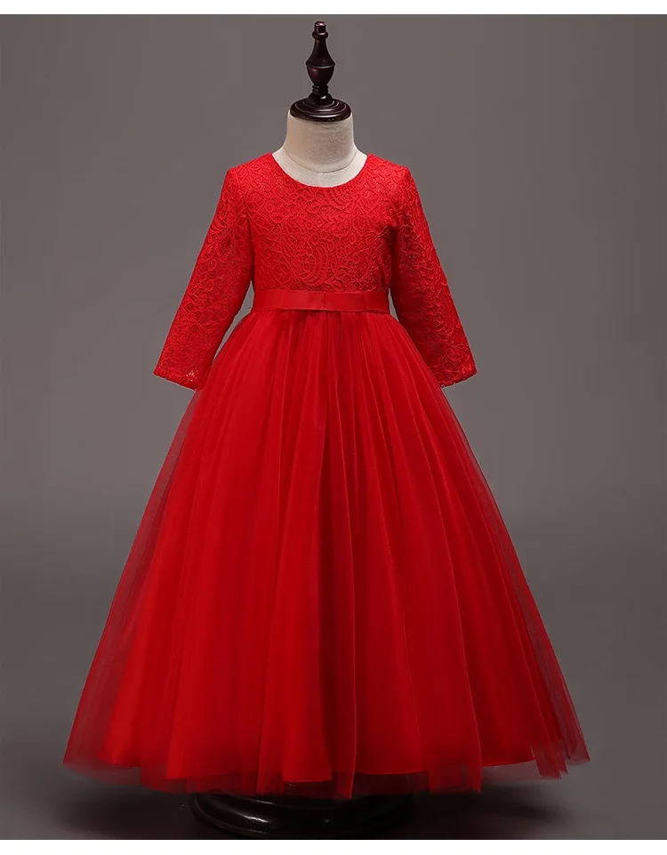 Robe de mariée en dentelle à manches longues pour enfants, motif floral, tenue de fête d'école, princesse, pour bébé, HO3126