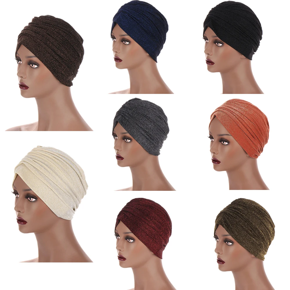 Muzułmanki Turban indie czapka typu Beanie Stretch Arab Hat szalik na głowę opaska pokrowiec na główkę Bonnet Glitter nakrycia głowy New Fashion 25*16CM