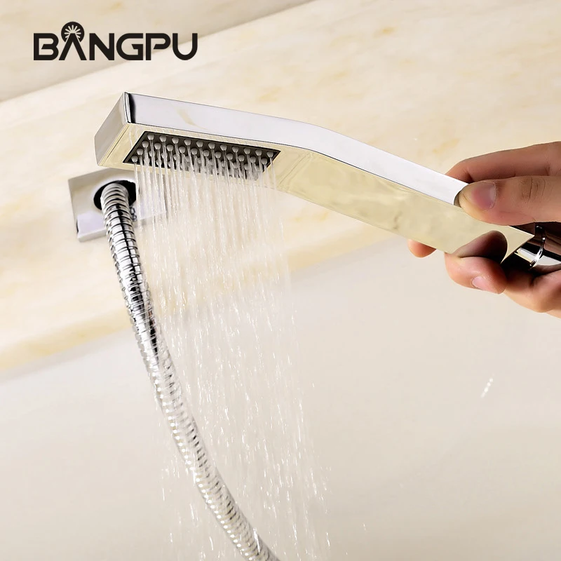 BANGPU Bathtub Faucet With Handheld Shower 4 Hole Bathroom Faucet Solid Brass Bathroom Bathtub Faucet Set Chrome Deck Mounted