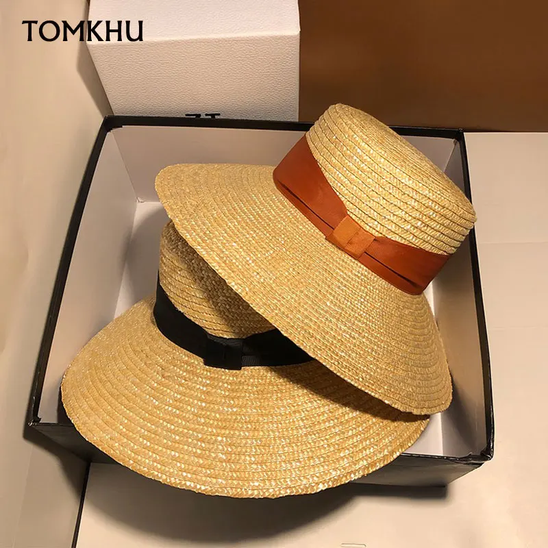 Wide Brim Boater Sun Hat Straw Hat Flat Women Summer Kentucky Derby Hat Orange Black Ribbon Tie Sun Hat Beach Casual Cap Handmad