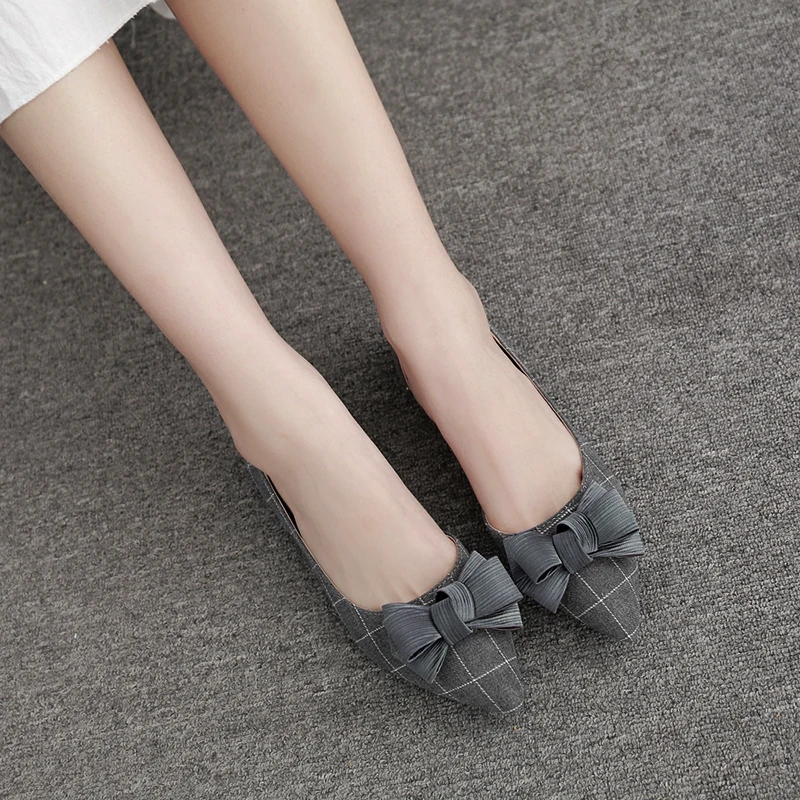 Women Flat Heel Shoes Side Empty Bowknot Lady Flats Plaid Black Gray Pointed Toe 31-45 Spring Summer Shoes All Match Soft Sole