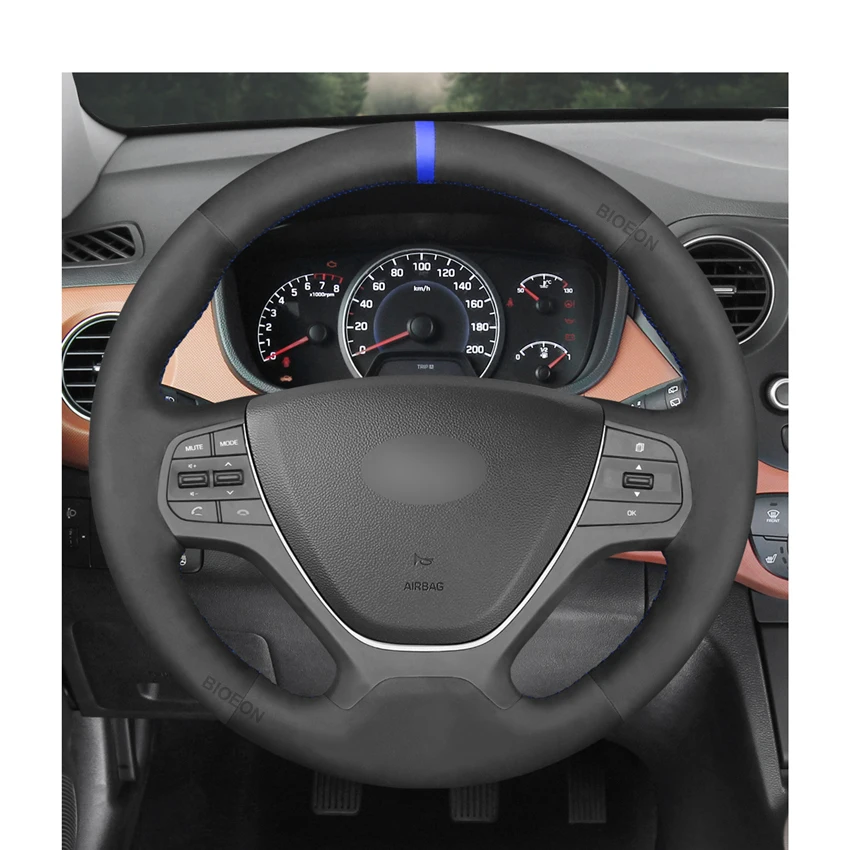 Hand-stitched Black Suede Steering Wheel Cover Braid for Hyundai i10 2013 2014-2020 i20 2015 2016 2017 2018 2019-2020