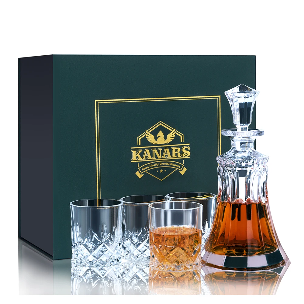 KANARS Crystal Whiskey Decanter Set with 4pcs Rock Glass Tumblers for Scotch Bourbon Cocktail Rum Drinking, Gift for Men Dad