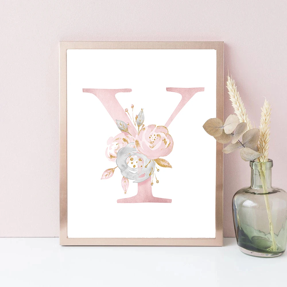 Watercolor Pink Flowers Letter Canvas Painting Posters and Prints Cuadros Wall Art Picture for Kid\'s Living Room Home Decoration