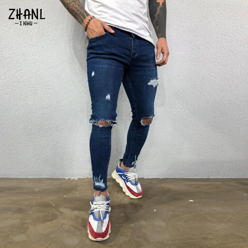 Spring Autumn Blue Black Jeans Rippped Men Street Dance Hip hop Jeans Fashion Casual Jogger Male Skinny Pants Denim Trousers Man