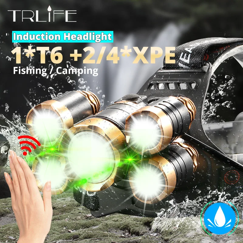 8000LM Strong IR Sensor LED Headlamp Induction Fishing Headlight 18650 Battery Rechargeable T6 Running Lantern Zoomable Flashlig