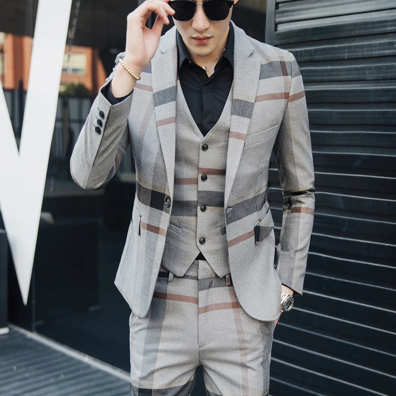 

Plaid Wedding Suit Fashion Check Woollen Mens Suits Prom Banquet Suit Men Slim Fit Double Breasted Blazer Vest Pant Grey Blue