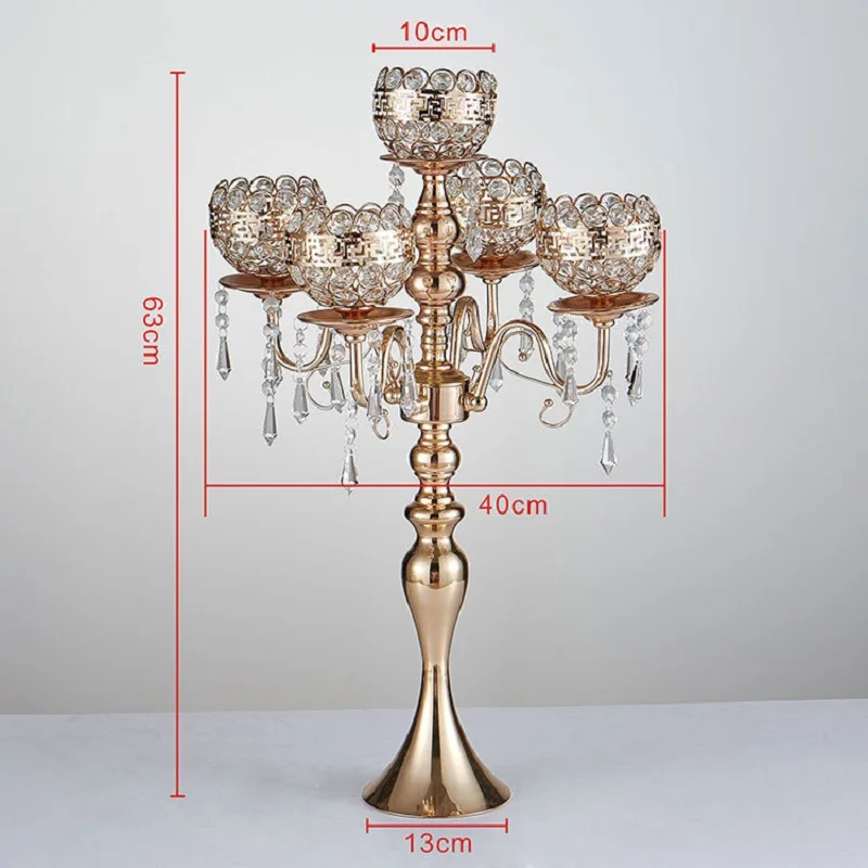 63 cm Tall 5-arms Metal Gold Candelabras With Pendants Romantic Wedding Table Candle Holder Home Decoration 10 pcs/lot