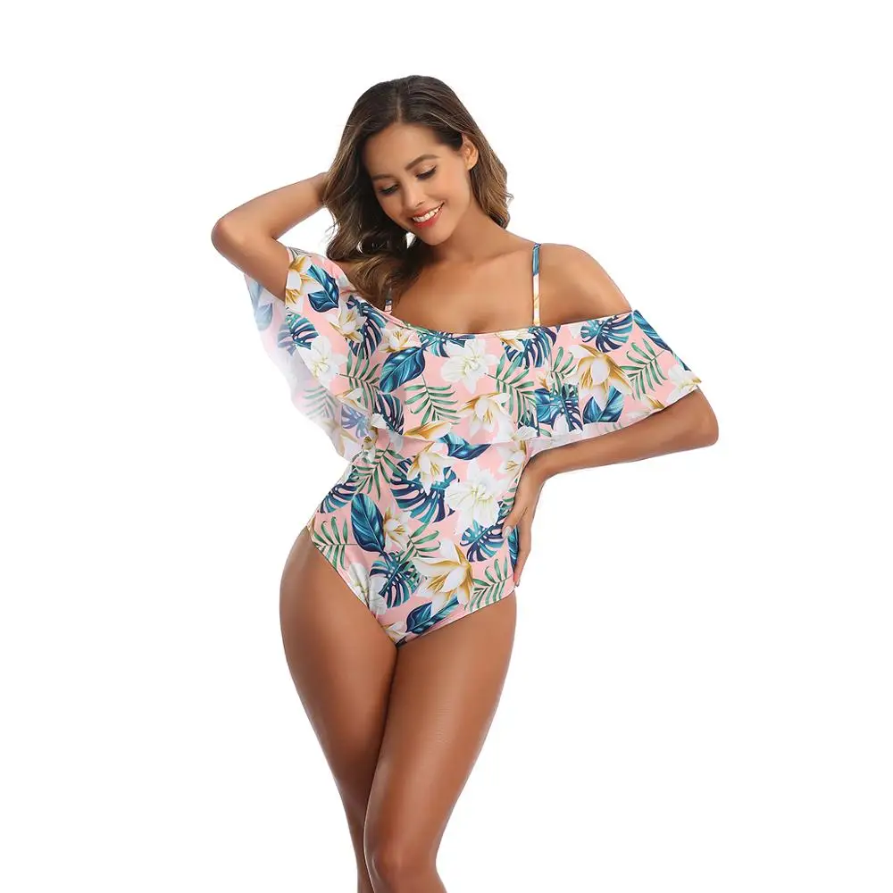 Suspender, open back, sexy deep V-shaped one-piece swimsuit, flounce print swimsuit, slim women's swimsuit, beach suit