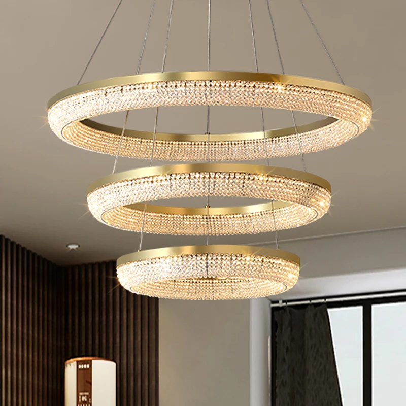 

Modern Luxury LED Chandelier Round Gold Crystal Stair Chandeliers For Home Dining Living Room Bedroom Lobby K9 Cristal lustre