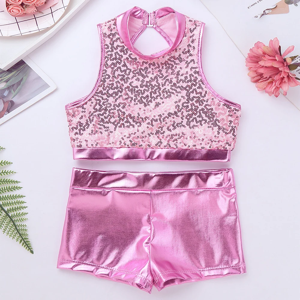 Girls Sparkly Sequins Tap Hip Hop Jazz Dance costume ballet Dancewear Sleeveless Cutout Back Crop Top with Metallic Bottoms Sets