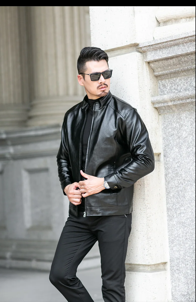 

Fall Winter 2020 New Stand Collar Pu Imitation Black Leather Mens Leather Jackets Large Size Overcoat Motorcycle Jacket Brown