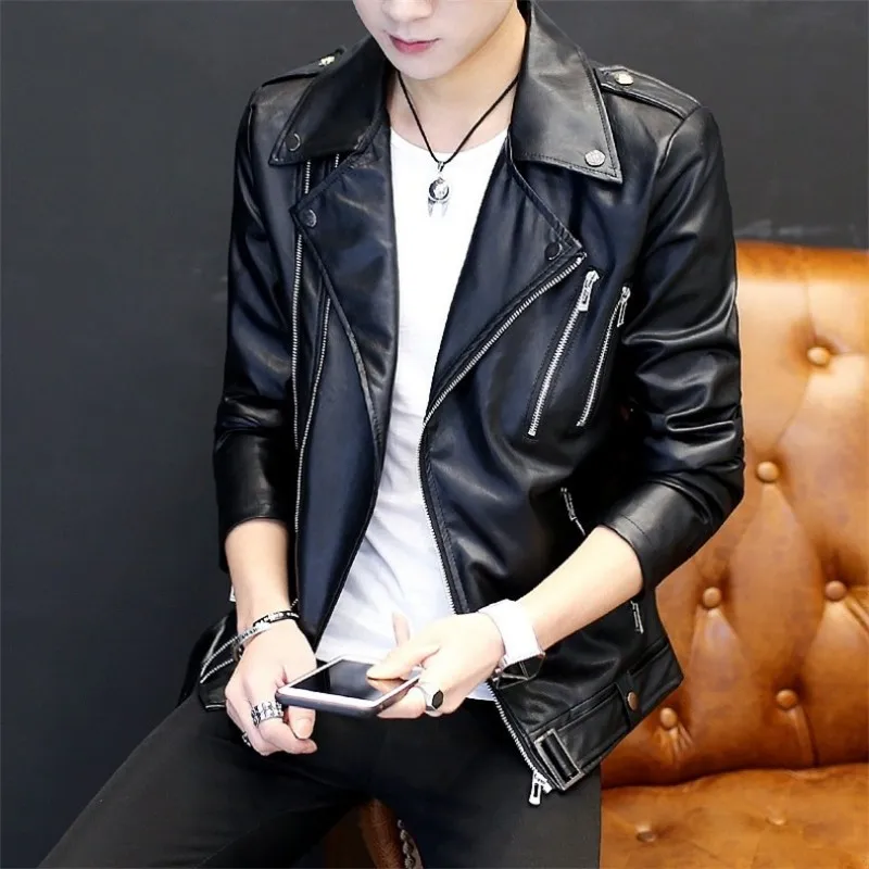 ฤดูใบไม้ร่วงหล่อ Mens Slim Fit Pu หนัง Punk สไตล์ Biker Faux หนัง Outwear ผู้ชายบุคลิกภาพซิปเสื้อสีขาว