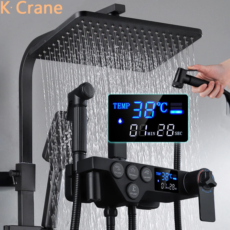 Digital Shower Set Bathroom Smart Hot Cold Thermostatic Shower System Bathtub Wall Mount Square Head Bath Tap Brass Black Faucet