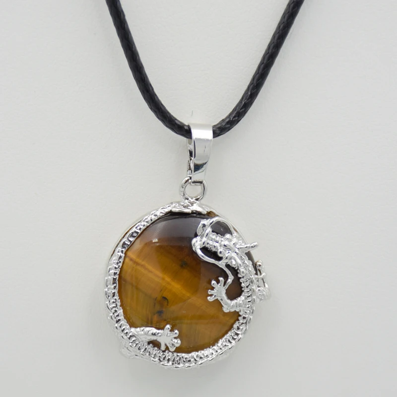 Natural Stone Round Bead Dragon Pendant Necklaces Women Men Purple Crystal Pink Quartzs Tiger Eye Lapis Opal Rope Charm Jewelry