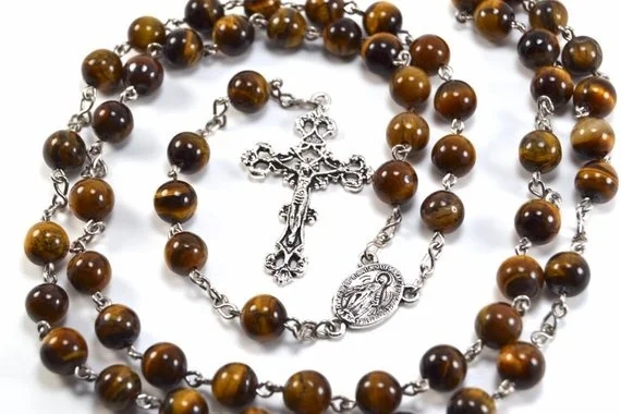 Tiger\'s Eye Catholic Rosary for Baptism or First Communion, Boy\'s Rosary  Necklace