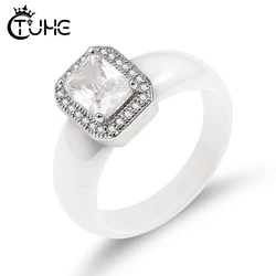 Big Square White Crystal 6mm Ceramic Ring For Women Female Promise Wedding Engagement Rings Fashion Jewelry Smooth Material Gift