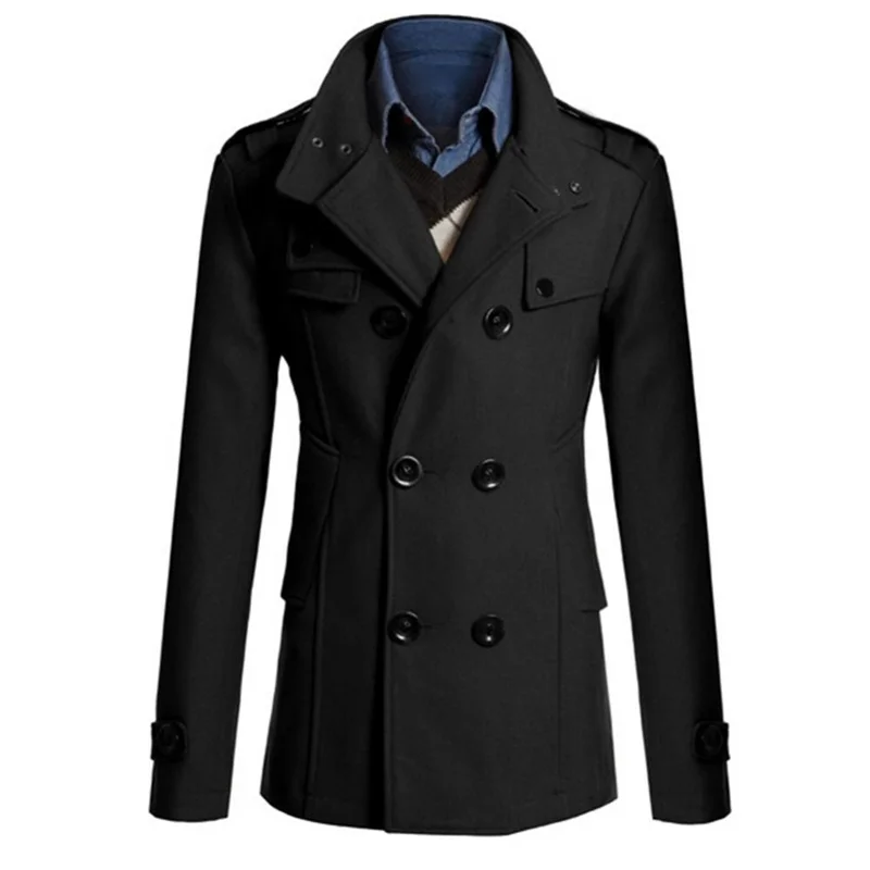 Mens New Winter Warm Trench Woolen Coat Slim Casual Reefer Jackets Solid Stand Collar Double Breasted Peacoat parka  2021