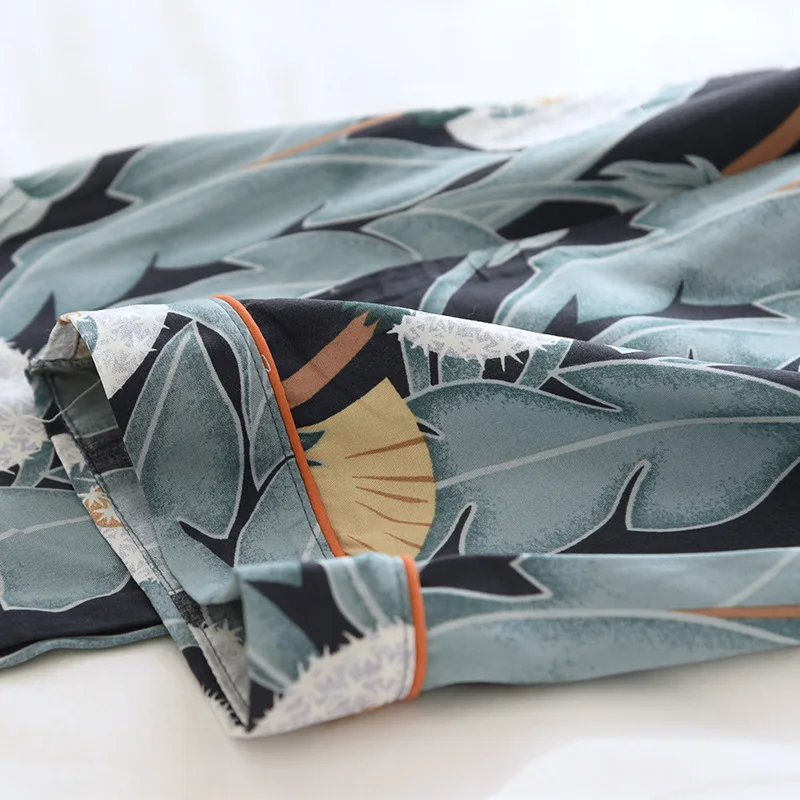 Frühlings- und Herbst-Damen-Set aus 100% Viskose mit langärmeligem Oberteil, Hose, großem Blumenmuster, Baumwollseide, großer Größe, dünnem Cardigan und Hemd für den Heimgebrauch. – Detail 9