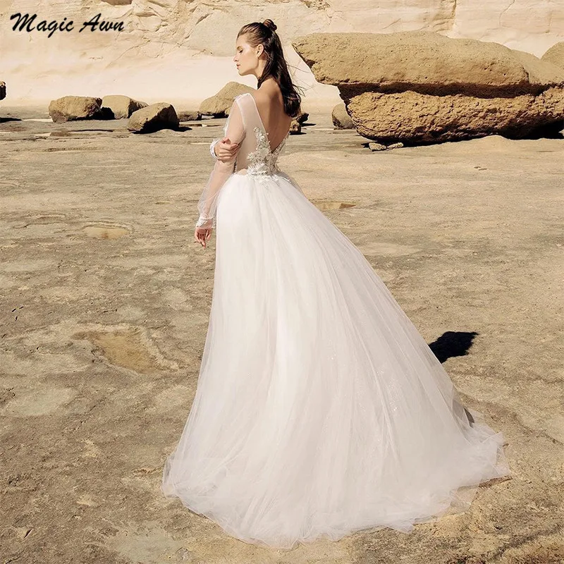 Magic Awn Full Tay Bãi Biển Áo Váy Ren Appliques Ảo Ảnh Đời Boho Chữ A Cô Dâu Áo Hở Lưng Vestidos De Novia