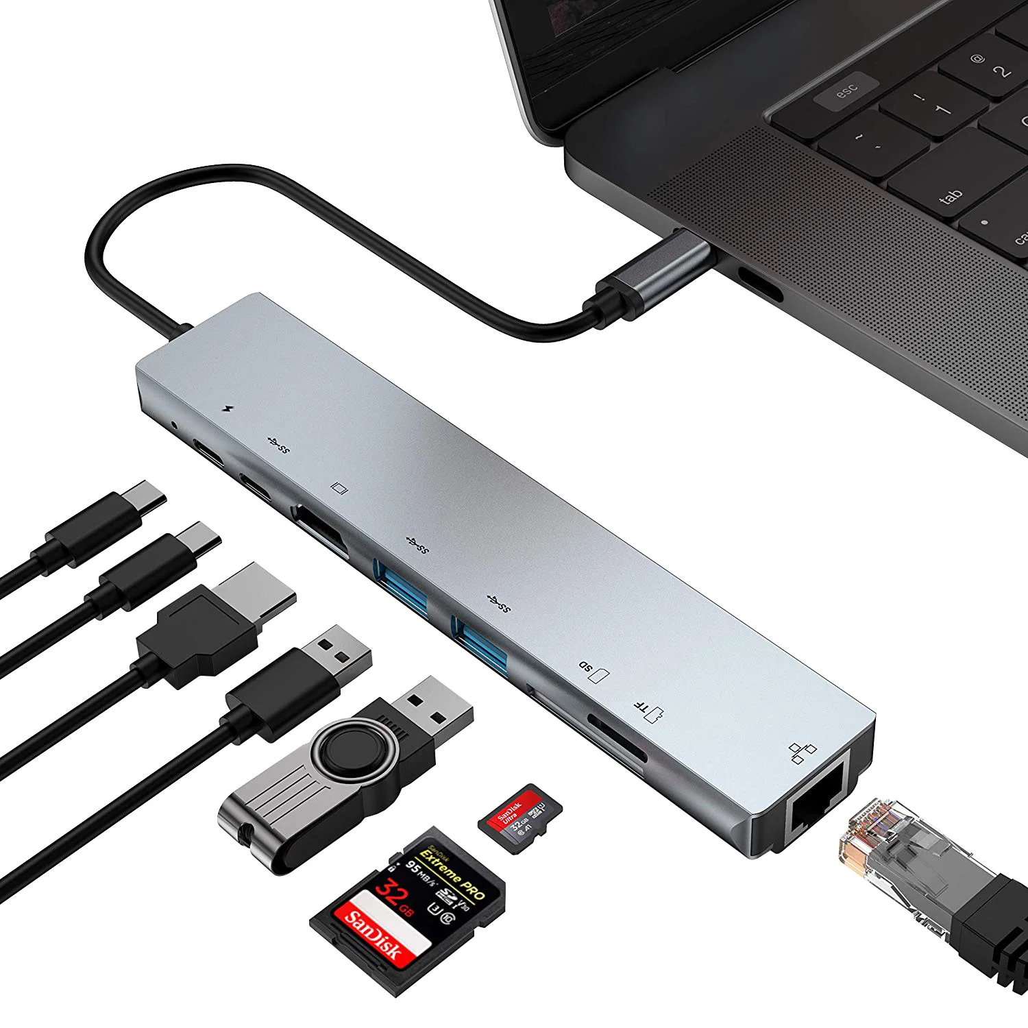8in1 USB 3.0 Hub For Laptop Adapter PC Computer PD Charge 8 Ports Dock Station RJ45 HDMI TF/SD Card Notebook Type-C Splitter