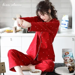 Pijama vermelho de manga longa feminino, roupa de dormir, roupa caseira, pijama estampado em coração, roupa interior de inverno, outono, primavera