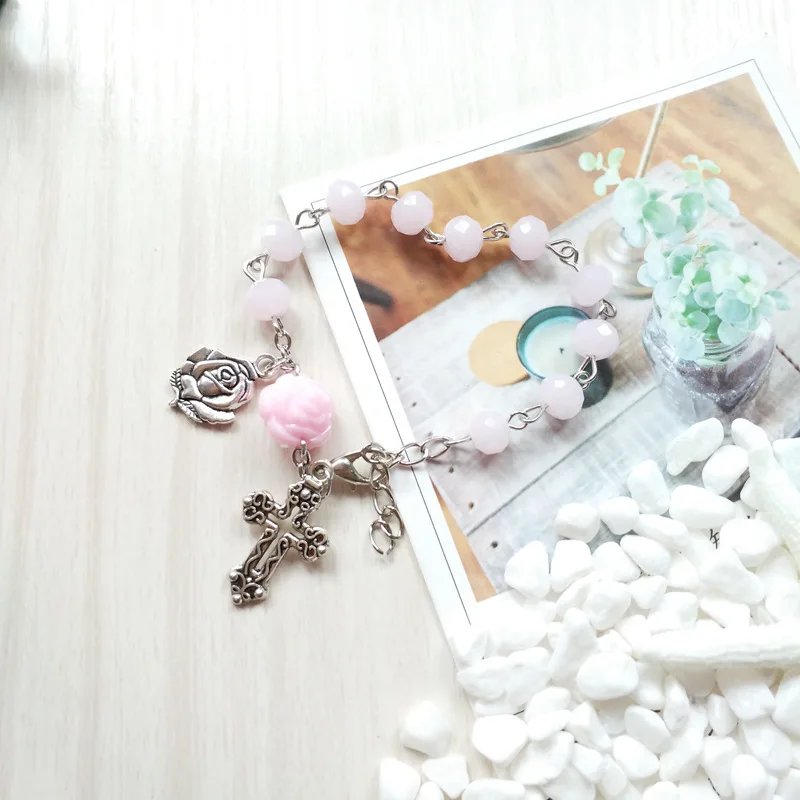 QIGO Pink Crystal Strand Cross Rosary Bracelet Religious Jewelry