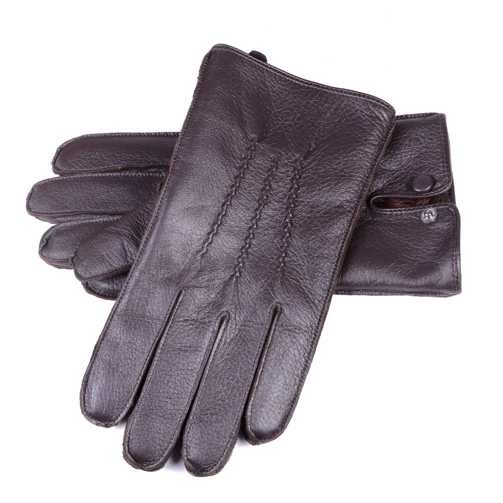 Gants courts d\'hiver en cuir véritable de cerf pour hommes, boutons de poignet, gants de conduite chauds, gants d\'extérieur