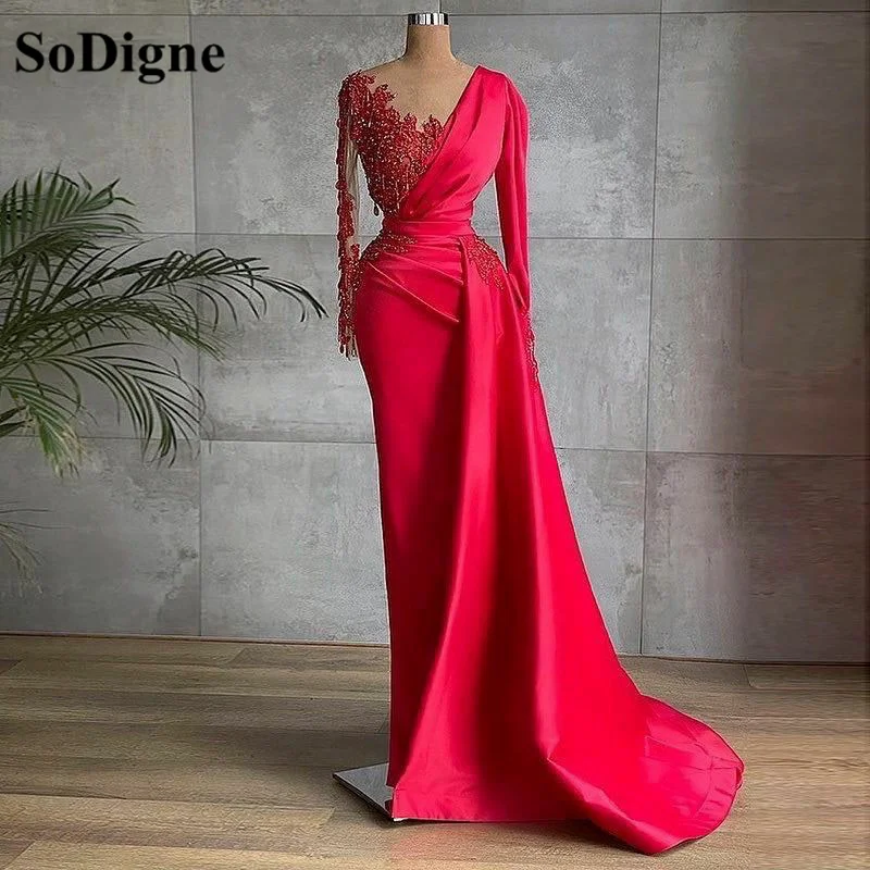 SoDigne Arabic Red Satin Mermaid Prom Dresses V-Neck Vintage Long Sleeves Evening Gown Pleats Beads Lace Dubai Women Party Gown