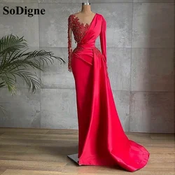 SoDigne Arabic Red Satin Mermaid Prom Dresses V-Neck Vintage Long Sleeves Evening Gown Pleats Beads Lace Dubai Women Party Gown