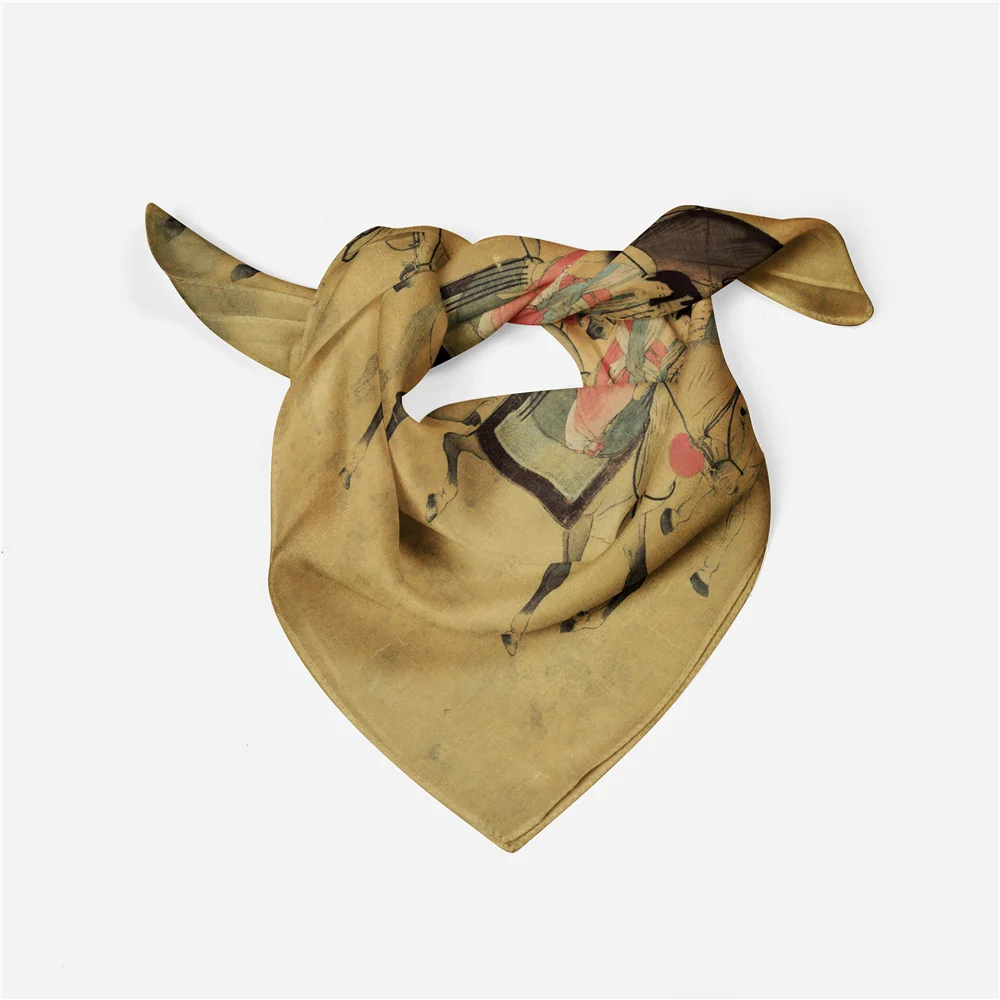 Twill Silk Scarf Woman Horse Ride Painting Square Scarves Wraps Bandana Small Hijab Silk Foulards Tie Headband Neckerchief 53CM