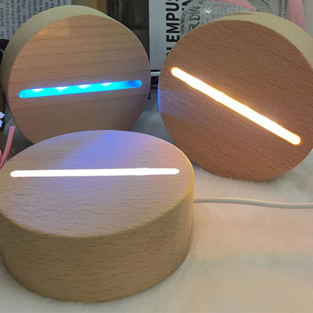 LED Indicator Light Solid Wood Acrylic 3D Lamp Base Wooden Small Night Light Base Creative DIY Beech Wood White Warm Light