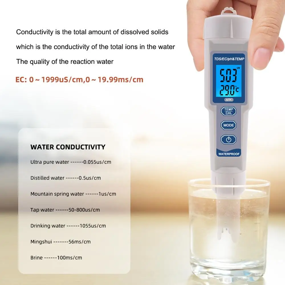 yieryi 4 in 1 TDS PH Meter PH/TDS/EC/Temperature Meter Digital Water Quality Monitor Tester for Pools, Drinking Water, Aquariums