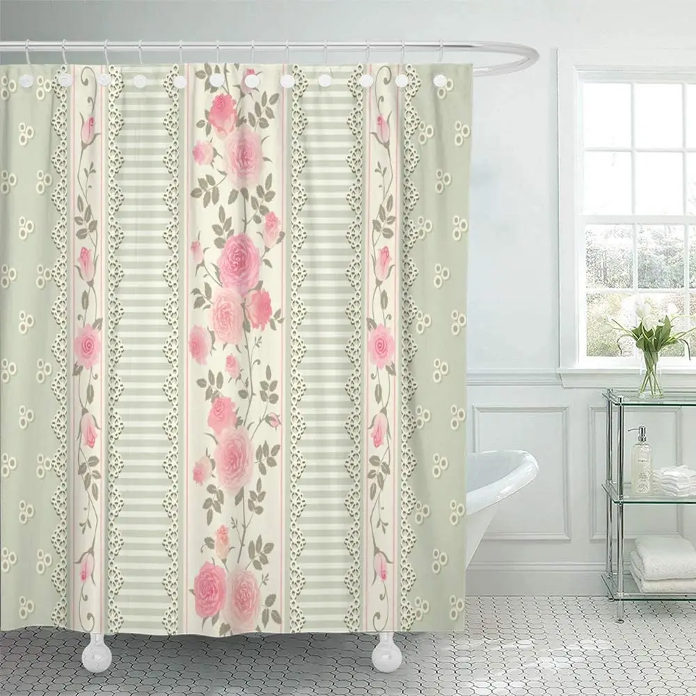 Floral Collection 66 x 72 inches Green Delicate Floral Pattern with Laces Stripes and Pink Roses Shabby Shower Curtains