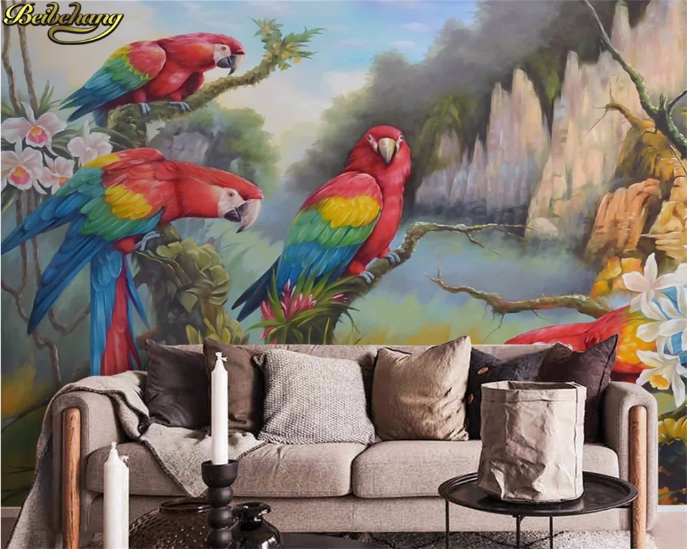 

beibehang Custom 3d wallpaper mural medieval hand-painted tropical forest colorful parrot background wall mural papel de pared