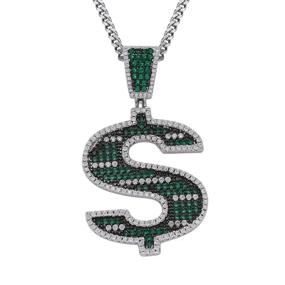 

Hip Hop Micro Paved AAA+ Cubic Zirconia Iced Out Bling Green US Dollar Symbol Pendants Necklace for Men Rapper Jewelry Gifts