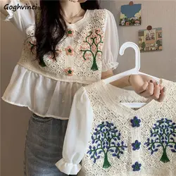 Blouses Women Retro All-match Floral Puff-sleeve V-neck Ins Streetwear Soft Breathable Hot Sale Students Fashion Embroidery Tops