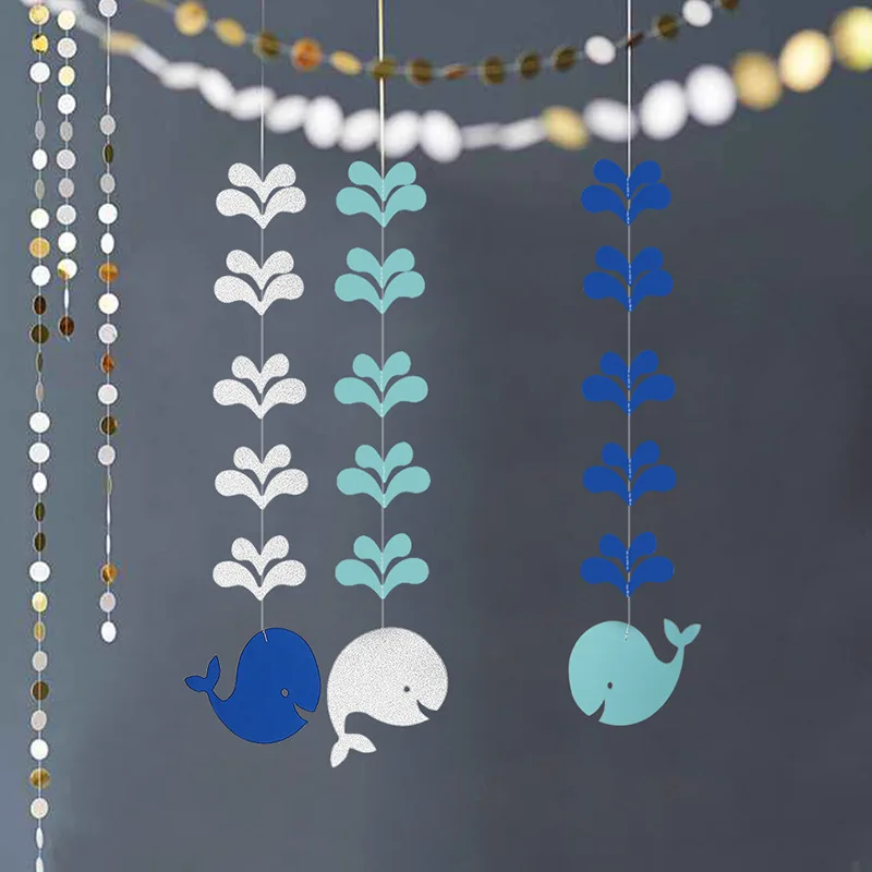 1Set Underwater Whale Birthday Party Paper Banner Blue Whale Hanging Garlands Kids Under The Sea Party Decoration Baby Shower