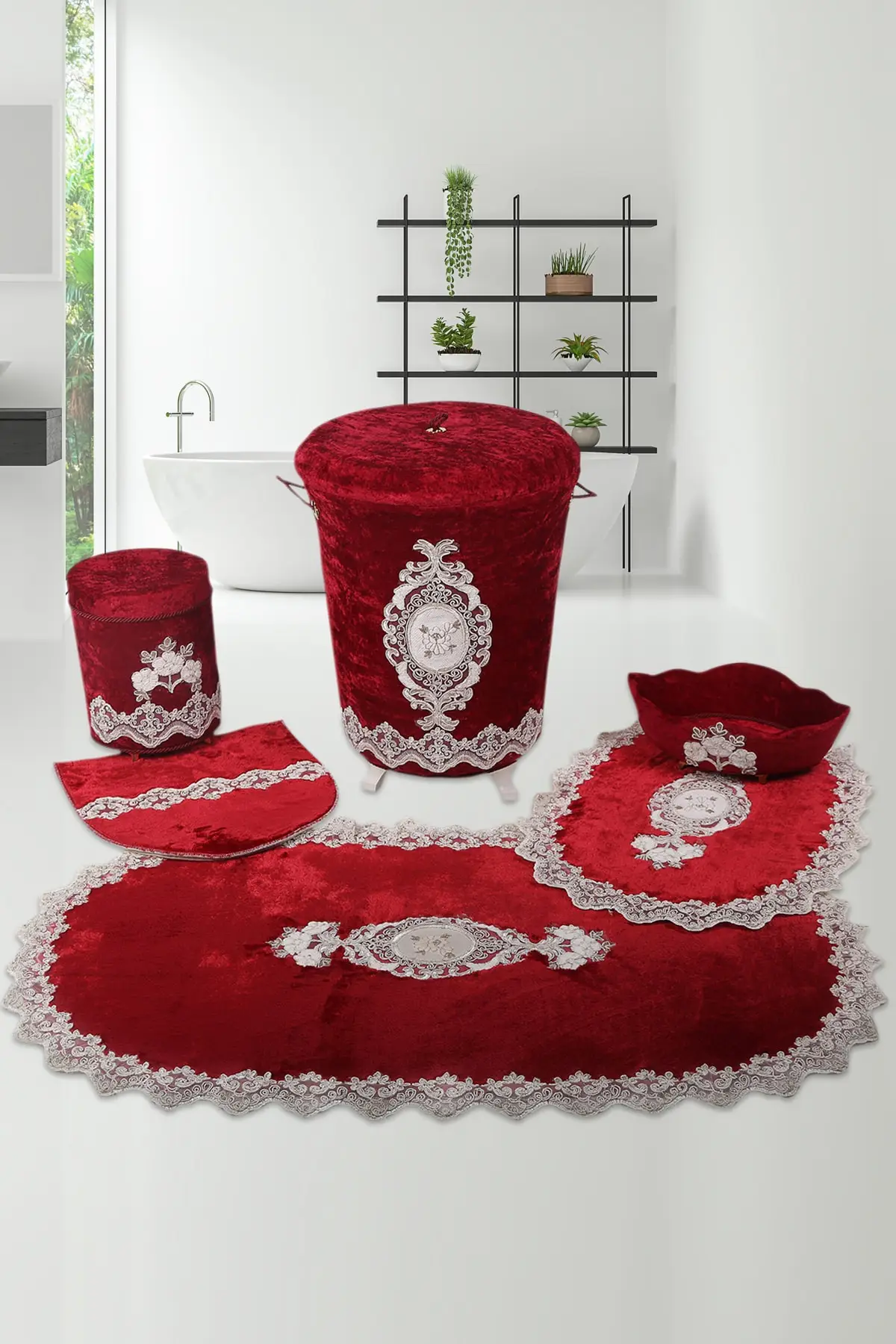 Burgundy 6 Psrça Ruched Bathroom Dirty Laundry Basket Set Bath Mat Set