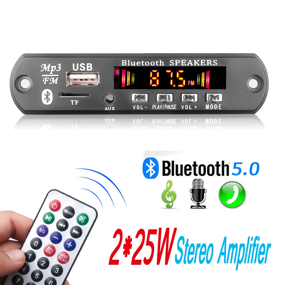 2*25W Stereo Bluetooth 5.0 MP3 Player Decoder Board 12V 50W amplifier Car FM Radio Module Handsfree Support TF USB AUX Recorders