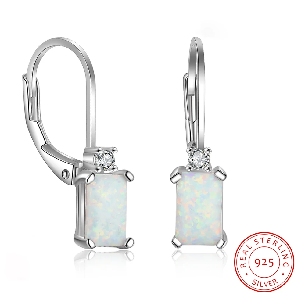 925 Sterling Silver Earrings Rectangular Created White Opal Earrings Fine Jewelry Accessories for Women Wedding Anniversary Gift