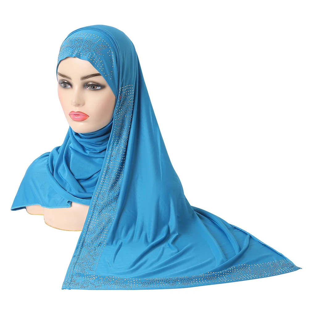 H287 Amira pull on Hijab with shawl wrap pray Headscarf with stones muslim scarf islam Full Cover Hat Turban Caps Bonnet