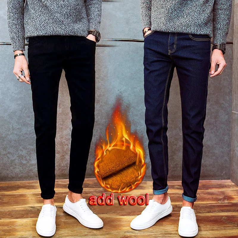 Hot 2021 Autumn Winter Casual Thicken Thermal Fleece Men's Wool Denim Trousers Clothes For Teenagers Stretch Pencil Jeans