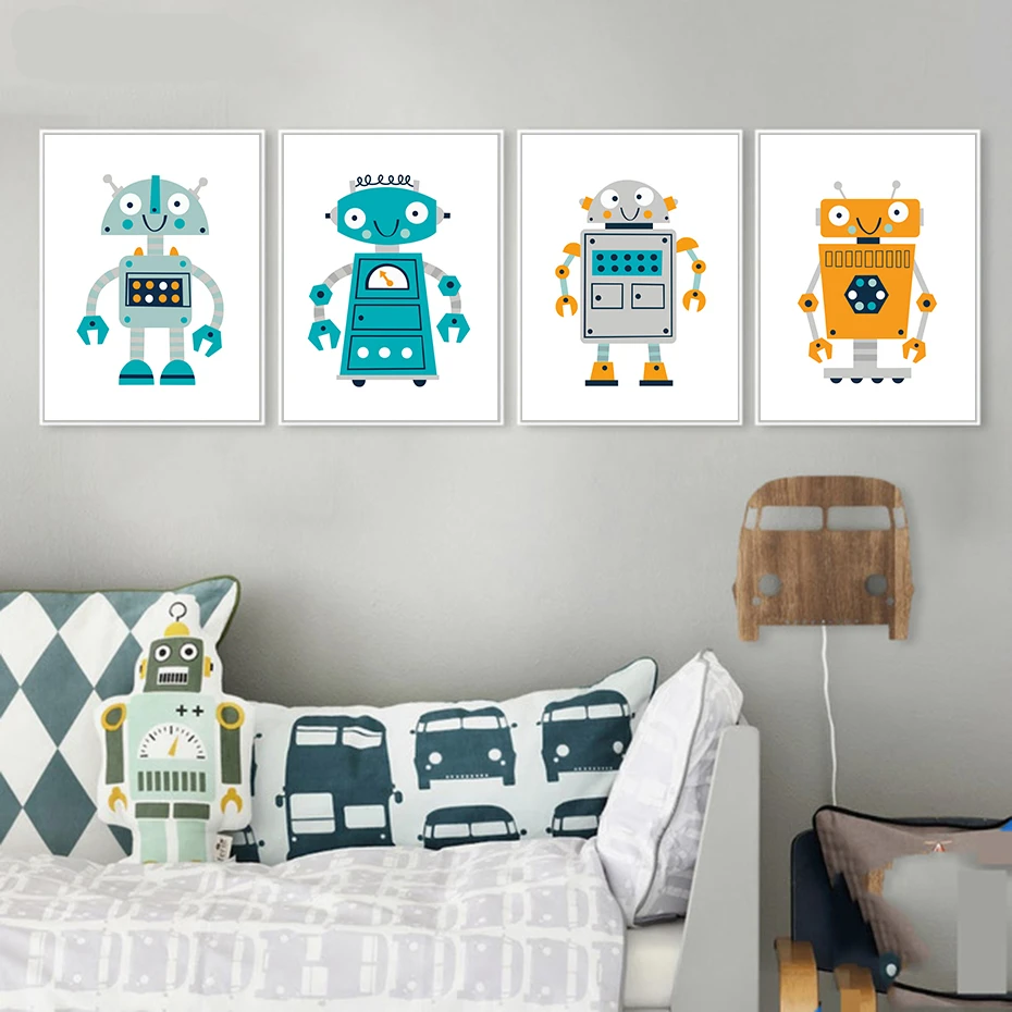 Creative cartoon robot painting print and poster wall art picture for children room decoration canvas painting
