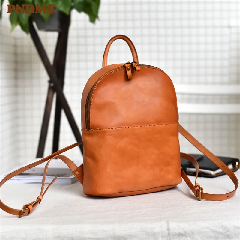 PNDME fashion vintage genuine leather ladies small backpack simple casual high quality soft cowhide women\'s cute bagpack bookbag